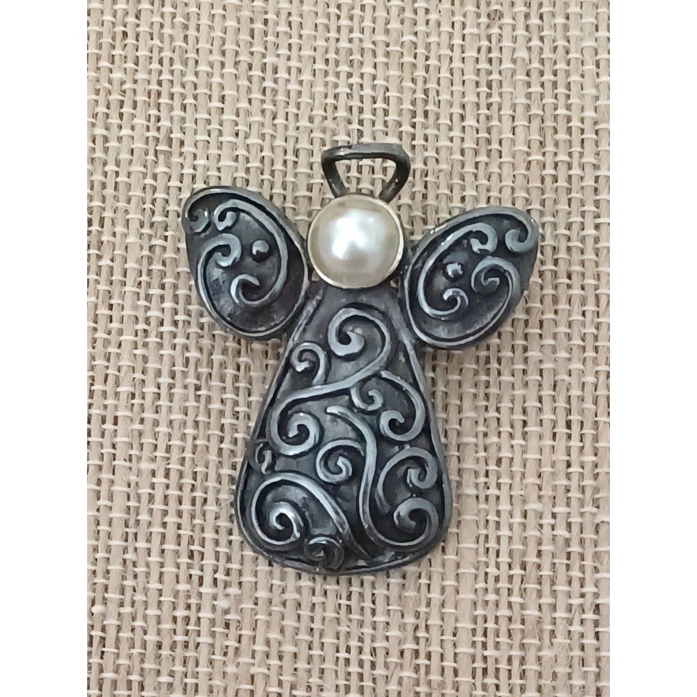 925 Sterling Silver Vintage Milky Chalcedony Gem Ornate Angel Pin Brooch Pendant